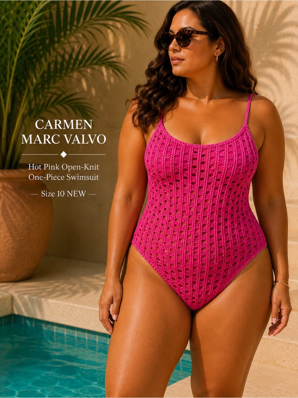 Carmen Marc Valvo Hot Pink Open-Knit One-Piece Swimsuit Size‎ 10 NEW